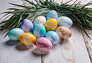Easter decorations, colorfully painted and decorated Easter eggs and spring flowers on a wood background
