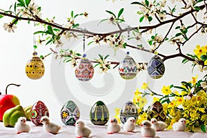 Easter decorations composed of eggs and spring tree branches.