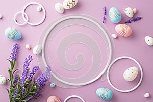 Top view photo of blank circles colorful easter eggs and bunch of lavender flowers on isolated pastel violet background