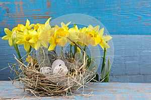 Easter decorations. Eggs in nests on wood