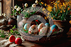 Easter decorations on an old wooden kitchen worktop