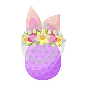 Easter decorative egg. Easter egg with flower wreath in flat style. Easter decor. Cartoon Easter bunny in flat style.