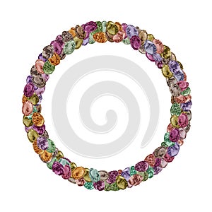 Easter decorative wreath made of many small carved coloured Easter eggs on white.