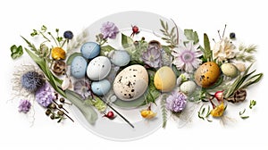 Easter Delight: Colorful Quail Eggs & Spring Flora on White