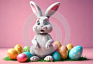 Easter Delights: Pixar-Style 3D Rendered Fluffy Bunny Amidst a Colorful Egg Extravaganza