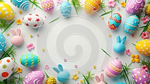 Easter Design: Artistic Frame with Colored Eggs and Grass Filigree on a White Background. Festive Clipart with Plenty of Space to