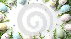 Easter Design: Artistic Frame with Colored Eggs and Grass Filigree on a White Background. Festive Clipart with Plenty of Space to