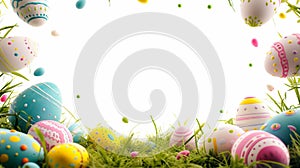 Easter Design: Artistic Frame with Colored Eggs and Grass Filigree on a White Background. Festive Clipart with Plenty of Space to