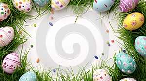 Easter Design: Artistic Frame with Colored Eggs and Grass Filigree on a White Background. Festive Clipart with Plenty of Space to