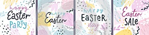 Easter design cards, floral prints with lettering and eggs and other elements, abstract posters