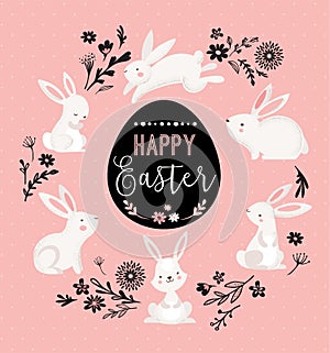 Easter design with cute banny and text, hand drawn illustration