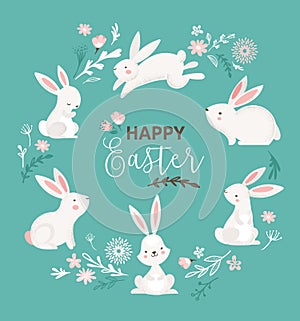 Easter design with cute banny and text, hand drawn illustration