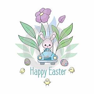 Easter design with cute bunny in the car
