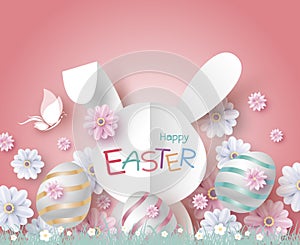 Easter design of paper rabbit and flowers on coral color background vector illustration