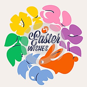 Easter design with red bunny and colorful flowers. Elegant vector illustration of cute rabbit, floral wreath and easter egg