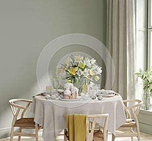 Easter dining interior mockup, Home interior background, 3d render