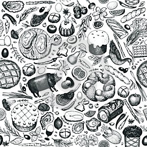 Easter dinner seamless pattern. Vector hand drawn illustrations. Happy Easter dinner retro design. Background with food, meat,