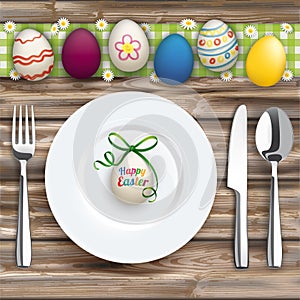 Easter Dinner Worn Wood Green Cloth Knife Fork Spoon Plate Eggs