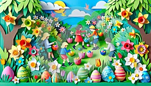 an easter display in paper with lots of different types of decorations