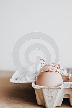 Easter DIY egg, made in bunny style. Minimal Easter concept, idea with rabbit. Craft hipster holiday package, carton box