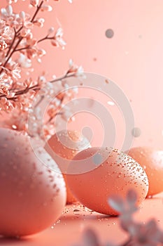 Easter dreamy Peach Fuzz colored eggs with spring blooming flowers background. Futuristic Easter Eggs poster template