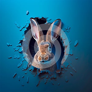 Easter - the Easter bunny looks out of the hole. Postproducted generative AI digital illustration