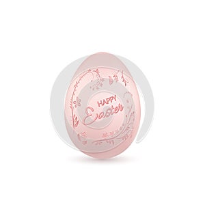 Easter egg 3D icon. Pink egg, Happy Easter text, isolated white background. Floral design. Hand drawn flower decoration