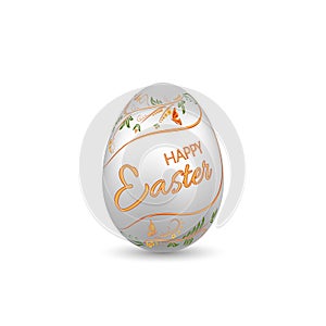 Easter egg 3D icon. Silver egg, Happy Easter text, isolated white background. Floral design. Hand drawn flower