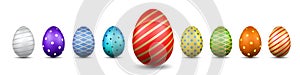 Easter egg 3D icons. Color eggs set isolated white background. Geometric design texture. Decoration Happy Easter