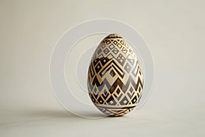 Easter egg adorned with geometric pattern on white wooden surface