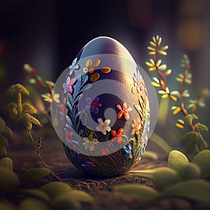 Easter egg artistically decorated with ornaments among spring flowers with depth of field background. Easter card. Generative Ai