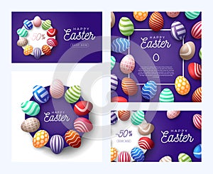 Easter egg banner greeting card set. Happy Easter cute banner background template with beautiful realistic colorful eggs. Greeting