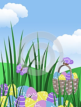 Easter egg basket hunt background garden illustration with clouds butterflies long green grass hills blue sky with copy space