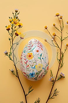 Easter egg on a beige background next to flowers. Generated AI
