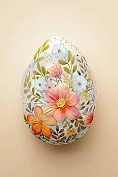 Easter egg on beige background with painted flowers on it. Generated AI