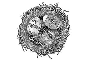 Easter egg, bird nest, illustration, drawing, engraving
