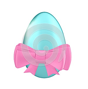 Easter egg in blue color with a pink bow. 3D illustration