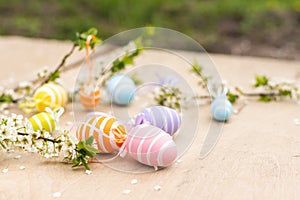 A Easter egg on a branch of a blooming cherry tree. Easter spring background