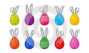 Easter egg with bunny ears, cute rabbit drawn, cartoon funny eggs vector icon, happy animal collection. Colorful illustration