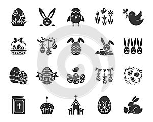 Easter egg bunny rabbit black icons vector set