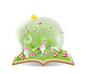 easter egg and buny funny spring with dandelion in the book
