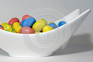 Easter egg candy in white sculpted bowl