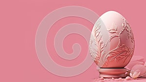 Easter egg with a carved floral pattern on pink background with copy space. Easter card concept