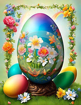 Easter egg characterized by flowers and floral allegories, bright colors and a rainbow background symbolizing rebirth