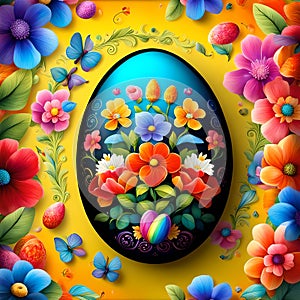 Easter egg characterized by flowers and floral allegories, bright colors and a rainbow background symbolizing rebirth