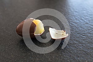 Easter egg for children with yellow surprise inside. Chocolate e