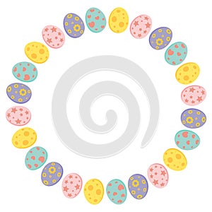 Easter egg circle frame in pastel colors. Holiday round border for greeting card design with text space. Vector illustration