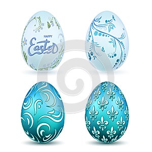 Easter egg 3D icon. Blue eggs set, isolated white background. Flower fleur de lis, floral design, decoration Happy