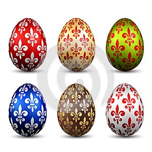 Easter egg 3D icon. Color eggs set, isolated white background. Flower fleur de lis design, decoration Happy Easter