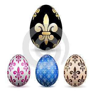 Easter egg 3D icon. Color eggs set, isolated white background. Flower fleur de lis design, decoration Happy Easter